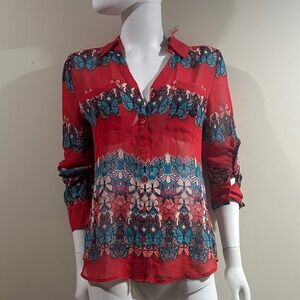 Express Size Small Portfolio Slim Fit Red with Butterflies Women's Top